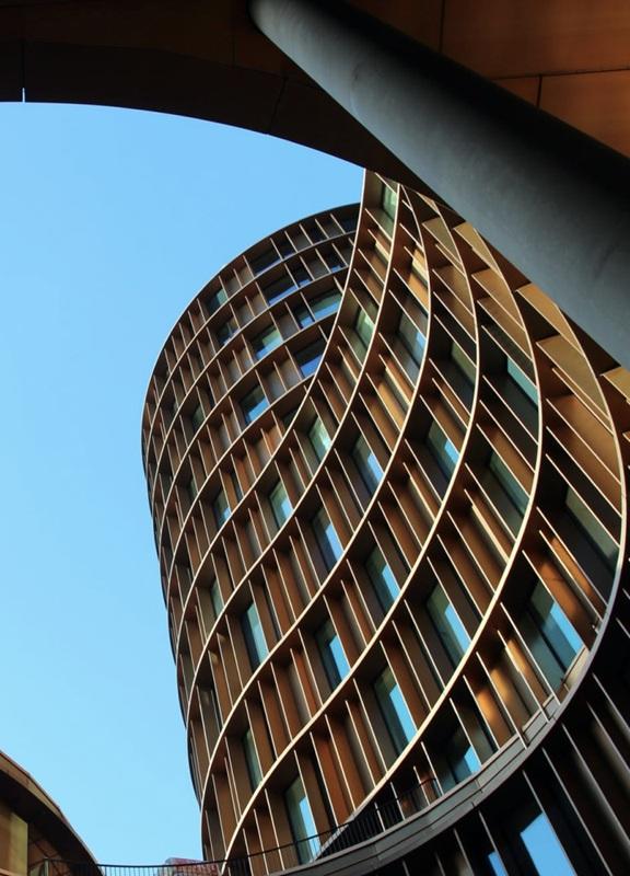 Modern architectural structure captured from below